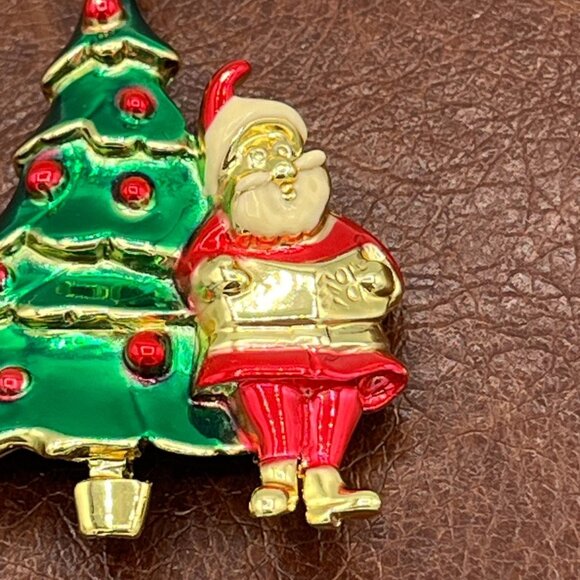 Vintage AJC Santa and Christmas Tree Enamel Pin Brooch Festive Holiday Gift 2" - Picture 2 of 8